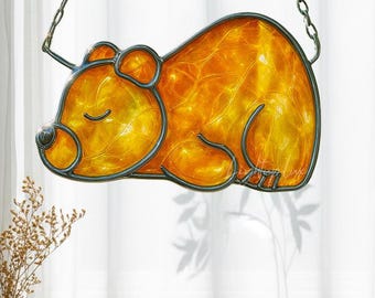 Sleeping Bear Stained Glass Window Hanging, Cute Animal Suncatcher for Kids Room Decoration, Cozy Handmade Glass Art Gift for Animal Lovers