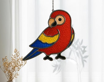Parrot Stained Glass Window Hanging, Colorful Tropical Bird Suncatcher, Handmade Glass Art Decor for Garden, Unique Gift for Bird Lovers