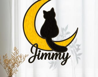 Cat Moon Stained Glass Window Hanging, Custom Cat Ornament Handmade Glass Art Suncatcher, Unique Gift for Cat Lovers