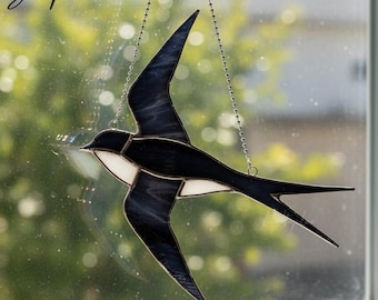 Swallow Bird Stained Glass Suncatcher, Handmade Flying Bird Window Hanging, Garden Glass Ornament and Gift Idea for Bird Lovers Home Decor