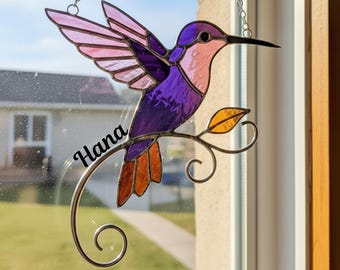 Hummingbird Stained Glass Suncatcher, Handmade Window Hanging Decor, Nature Inspired Gift for Bird and Garden Lovers