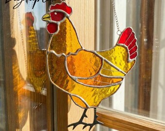 Kip gebrandschilderd glas suncatcher voor raam, handgemaakte boerderij glas hangend decor, rustieke kunst cadeau voor liefhebbers van landelijke keuken en thuis