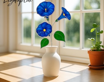 Morning Glory Flower Stained Glass, Handcrafted Glass Art Floral for Window Hanging or Bookshelf Decor, Gift for Flower or Nature Lovers