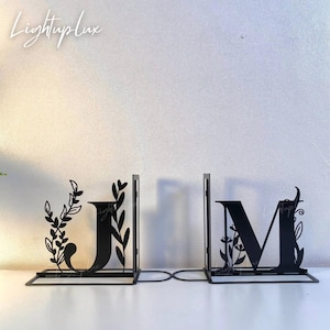 Custom Alphabet Metal Book Stand | Personalized Family Last Name Metal Book Holder | Book Stopper for Office Decor | Bookend Black Metal Art