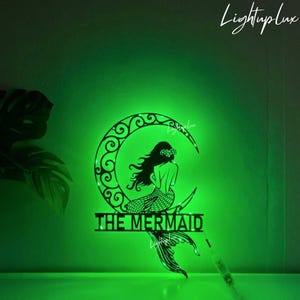 Personalized Mermaid on The Moon Metal Wall Art Led Light | Custom Mermaid Name Sign Wall Decor| Mermaid Metal Decor | Mermaid Sign