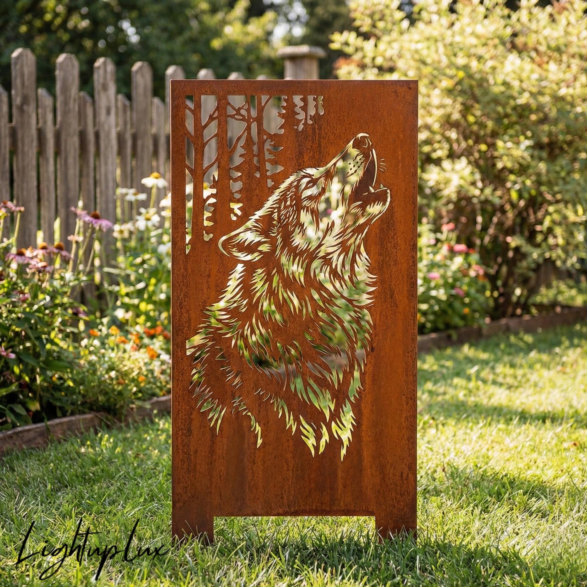 Wolf Metal Garden Stake Panel, Rustic Steel Howling Wolf Yard Art for Lawn or Fence, Woodland Outdoor Decor