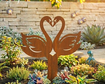 Estaca de jardín de metal con forma de pareja de cisnes, adorno de acero oxidado para el patio, decoración romántica con silueta de aves.