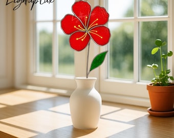 Hibiskus Glasmalerei, handgefertigter Blumensonnenfänger für Fenster oder Wohnzimmerdekor, einzigartiges Geschenk für Frau oder Freundin