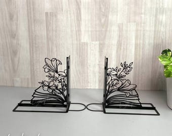 Metal Flower Bookend | Flower Metal Art Book Stand for Book Lovers | Floral Book Nook Decor | Black Metal Book Stand for Office Decor