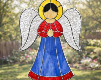 Personalized Memorial Boy Angel Stained Glass Panel, Handmade Glass Art for Window or Balcony Decor, Sympathy Gift in Memory of Loved One