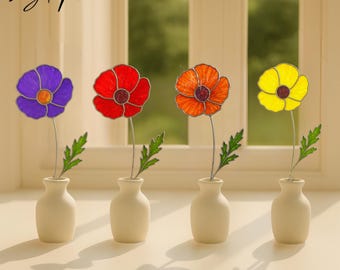 Solfångare i målat glas med vallmoblomma, handgjort glaskonstverk för bordsdekoration, fönsterdisplay eller växtpåle, present till blomsterälskare