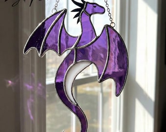 Dragon Stained Glass Suncatcher for Window, Handmade Fantasy Glass Hanging Decor, Gothic Mythical Art Gift for Dragon Lovers and Home Decor