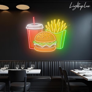 Burger and French Fries Neon Sign | Custom Hamburger Restaurant LED Sign | Fast Food Store Wall Art | Street Food French Fries Decor