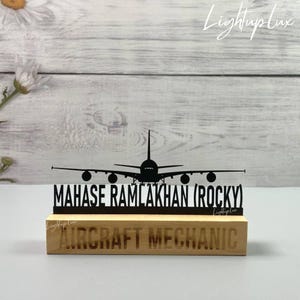 Personalized Airplane Wooden Desk Name Plate | Custom Aircraft Mechanic Metal Nameplate For Desk | Aircraft Engineer Desk Office Decor