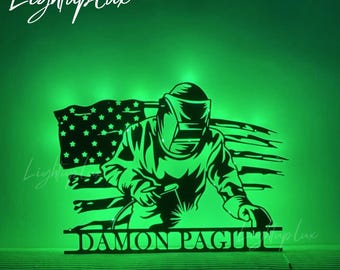 Custom Welding US Flag Metal Wall Art LED Light | Personalized Welder Name Sign Home Decor | Welding for Home Decor & Gift | Work Shop Decor