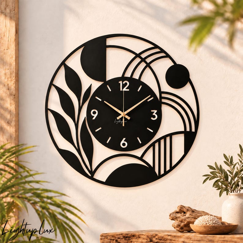 Abstract Clock Colorful Boho Abstract Leaf Wall Clock, Mid Century Modern Metal Art Minimalist ...