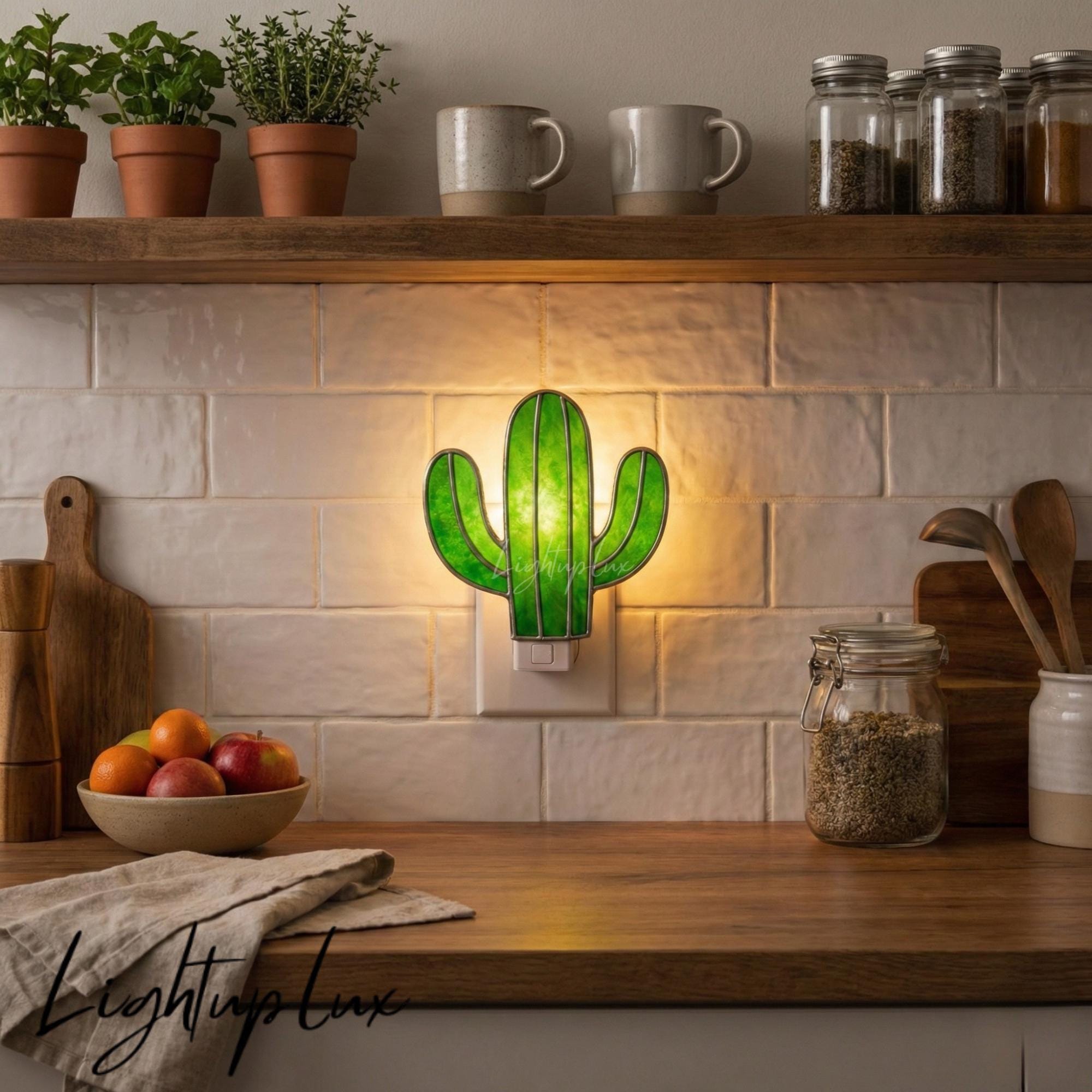 Cactus Stained Glass Night Light, Handmade Plug-in Lamp for