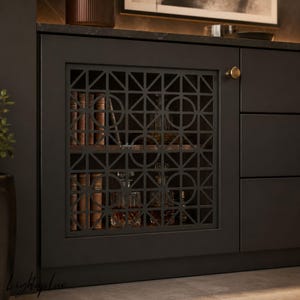Può includere: Un'anta di armadietto nero opaco con un motivo geometrico intagliato composto da linee e cerchi che si intersecano. L'anta presenta un piccolo pomello rotondo in ottone e rivela due ripiani interni con libri e caraffe di vetro.