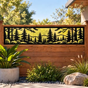 Pine Forest Fence Topper, Mountain Tree Line Nature Railing Metal Panel for Rustic Backyard Fence