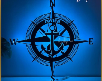 Arte de pared de metal con brújula personalizada / Letrero LED con coordenadas de nombre personalizado / Decoración de pared cortada con láser / Regalo de la marina / Regalos para el día del padre