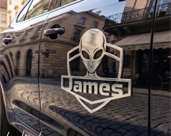 Alien Car Emblem, Auto Badge Silver UFO Truck Decal, Gift for Sci-Fi Fan