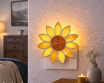 Lámpara de noche de vidrieras: Diseño de girasol - Brillo floral hecho a mano