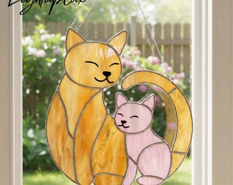 ステンドグラスの猫のサンキャッチャー：手作りの冬の窓飾り - Etsy 日本