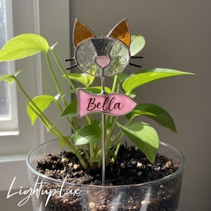 May include: A stained glass cat plant stake with the name "Bella" on a pink banner. The cat's head features orange and clear glass, with black whiskers. The stake is in a clear glass pot with a green plant.