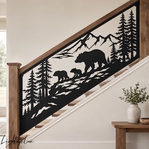 Bear Family Stair Railing, Mountain Forest Metal Staircase Panel for Cabin Lodge Interior