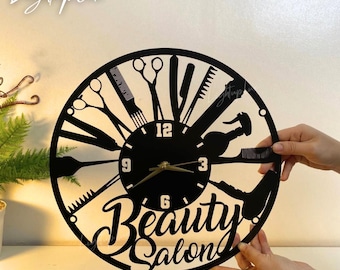 Beauty Salon Metal Wall Clock | Personalized Hair Salon Clock | Unique Metal Clock for Beauty Hair Salon Decor | Hair Salon Wall Art