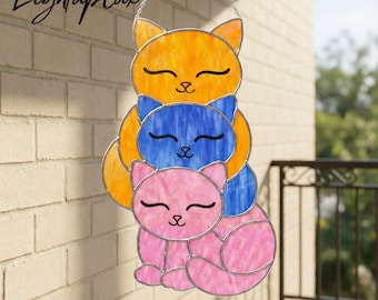 Cats Stained Glass, Handmade Cute Cat Window Suncatcher, Colorful Art Glass Hanging Decor, Gift for Cat Lovers and Cozy Home Decor