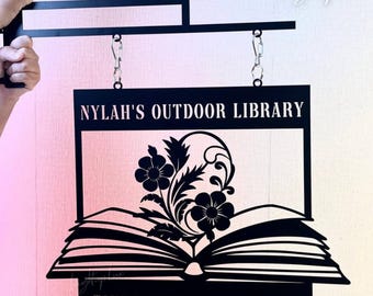 Custom Hanging Library Metal Steel Sign | Book Shop Open Decor | Bookstore Business Blade Sign | Library Outdoor Hanging Plaque