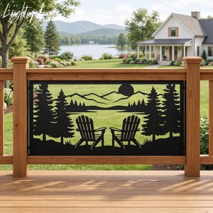 Mountain Lake View Metal Balcony Panels, Sunset Nature Cabin Decor Staircase Railings, Heavy Duty Deck Inserts
