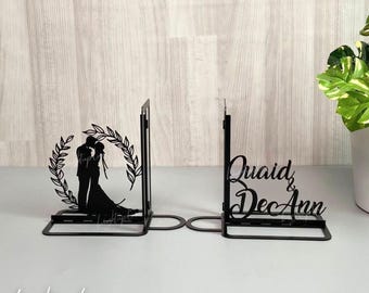 Custom Marriage Bookend | Personalized Bride and Groom Name Book Stand | Book Holder Black Metal Art | Book Nook Office Decor | Wedding Gift