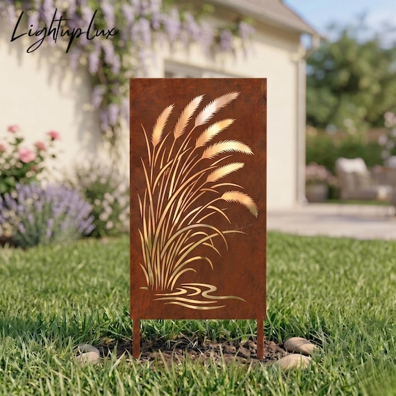 Pampasgras-Sichtschutz-Metallgarten, verrostete Natur-Yard-Kunst, botanisches Außendekor