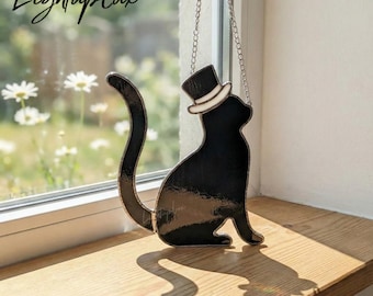 Cat Stained Glass Suncatcher, Handmade Top Hat Cat Window Hanging, Style Cat Art Gift for Cat Lovers Elegant Home Decor