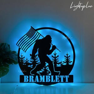 Personalized US Flag Bigfoot Metal Wall Art Led Light | Custom Bigfoot Name Sign Wall Decor| Sasquatch Home Decor | Bigfoot Wall Art