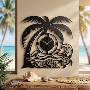 May include: A black wall clock featuring a cutout design of a palm tree, ocean waves, a sea turtle, and two seashells. The circular clock face is integrated into the center of the design and includes gold-colored hour and minute hands.