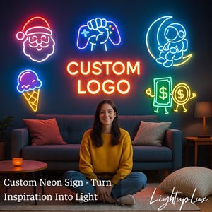 May include: A woman sits in front of a dark blue wall adorned with neon signs, including a Santa, ice cream cone, controller, astronaut, and money symbols. The words "CUSTOM LOGO" are in bright orange neon. The text "Custom Neon Sign - Turn Inspiration Into Light" is at the bottom.