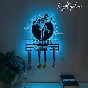 Personalized Brazilian Jiu Jitsu Medal Hanger Metal Wall Art Led Light | Custom Jiu Jitsu Player Name Sign| Medal Display Awards Sign