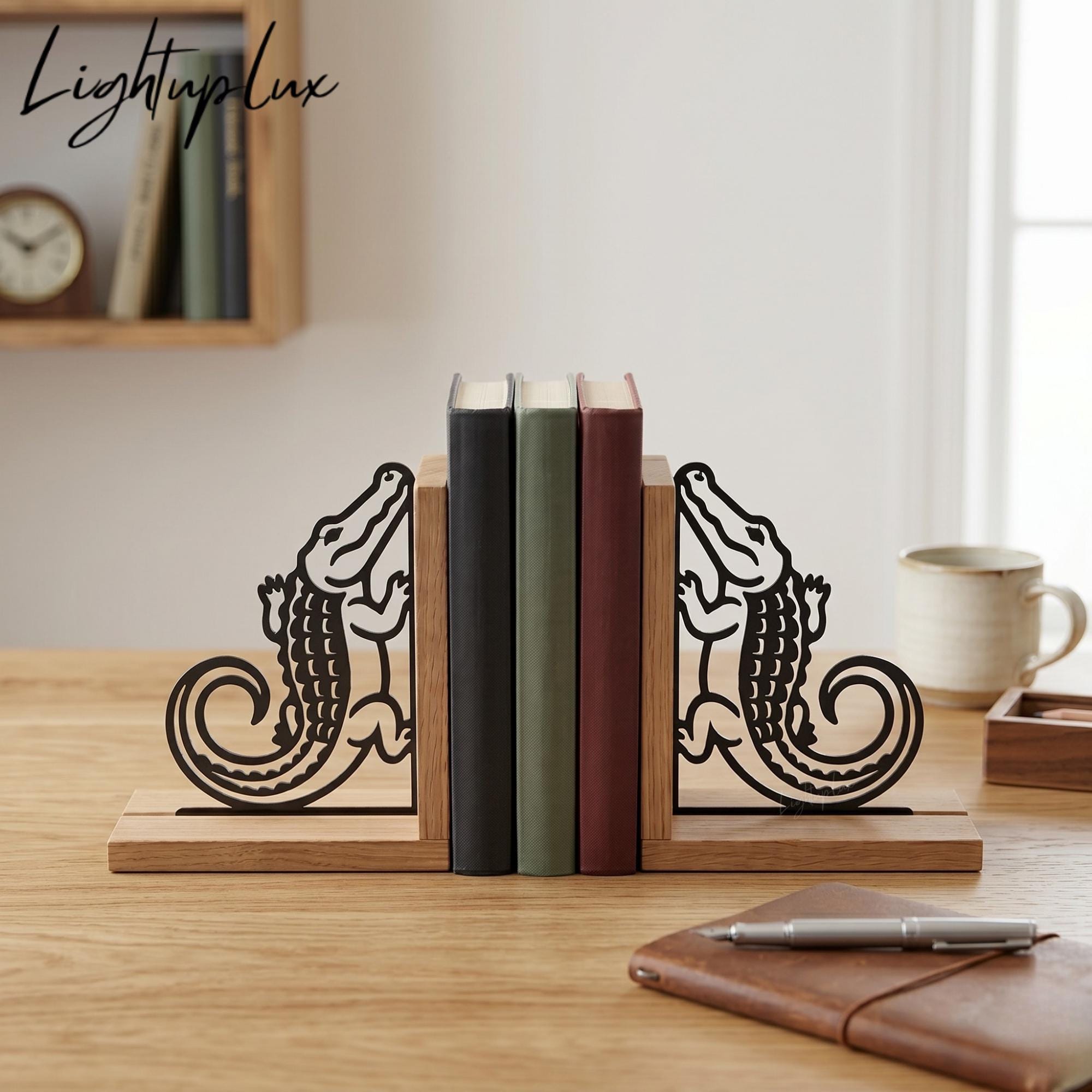 Alligator Metal Bookends, Swamp Reptile Book Rack, Wild Animal