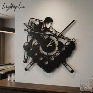 Billiards Player Metal Wall Clock, Game Room Wall Art Decor, Pool Hall Owner Gift