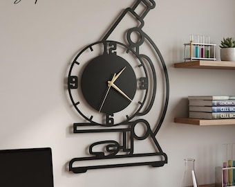 Microscope Metal Wall Clock, Science Teacher Wall Art for Classroom, Biology Lab Decor