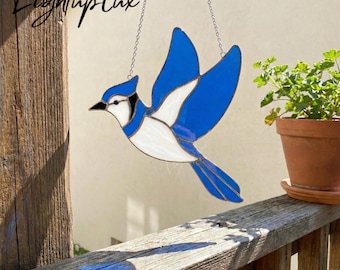 Blue Jay Stained Glass Suncatcher, Handmade Bird-Themed Window Hanging for Garden or Home Decor, Gift for Bird Lovers or Nature Friends