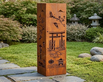 Japanese Garden Metal Column, Rustic Steel Outdoor Yard Art for Zen Patio Decor, Gift for Garden Lovers