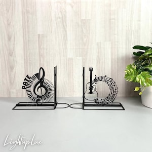 Personalized Piano Metal Bookends  | Guitar Player Name Book Stand | Music Table Sign | Musical Note Book Holder Metal Art | Book Nook Decor