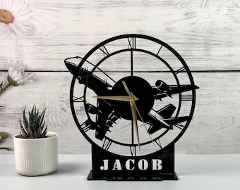 Custom Airplane Metal Desk Clock | Pilot Lover Table Clock Metal Sign | Personalized Desktop Clock for Office Decor | Gift For Him