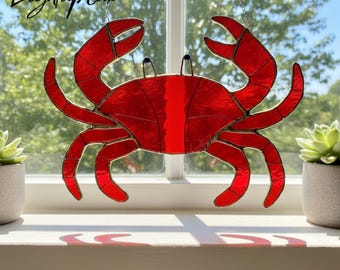 Crab Stained Glass Suncatcher for Window, Handmade Coastal Sea Life Glass Hanging Decor, Nautical Ocean Gift for Beach Lovers and Home Decor