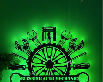 Personalized Garage Mechanic Metal Wall Art Led Light | Custom Workshop Name Sign Wall Decor| Garage Decor | Garage Sign | Gift for Dad