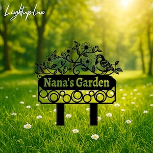 Enseigne de jardin en métal personnalisée avec fleurs | Tuteur de jardin en métal avec oiseaux | Enseigne fleurie personnalisée pour jardin | Décoration extérieure de jardin de grand-mère